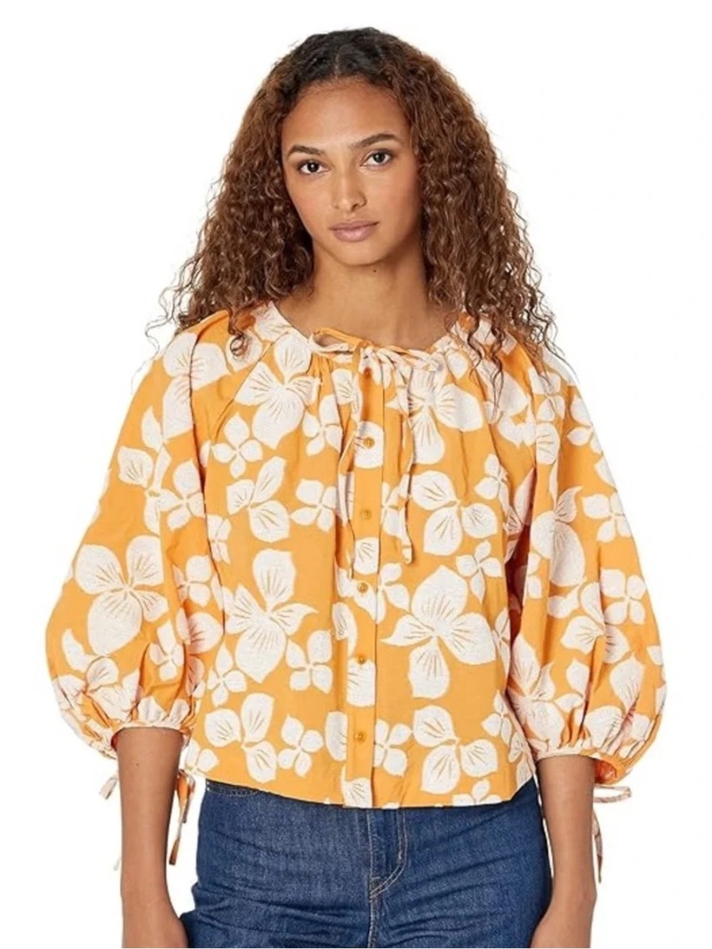 Ted Baker London Madia Orange White Floral Puff Sleeve Tie Cuff Blouse Small